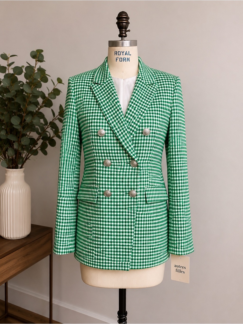 NWT Autres Filles Double-Breasted Blazer – Green Houndstooth Check – XL
